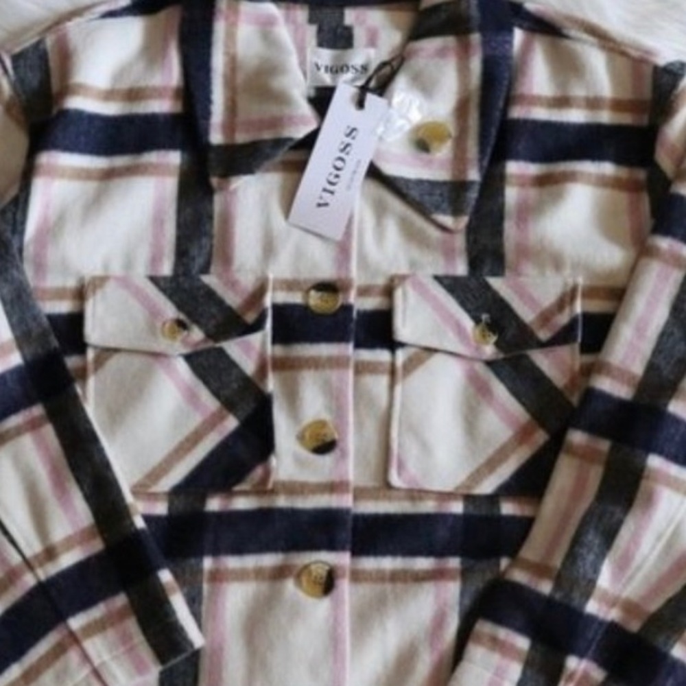 NWOT Vigoss Plus Size Plaid Flannel Wool Long Sleeve Shacket Jacket Size Medium